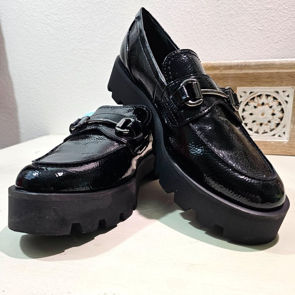 FRANCO SARTO Womens Sz 10M Bergamot Black Patent Lug Sole Platform Loafer Shoes